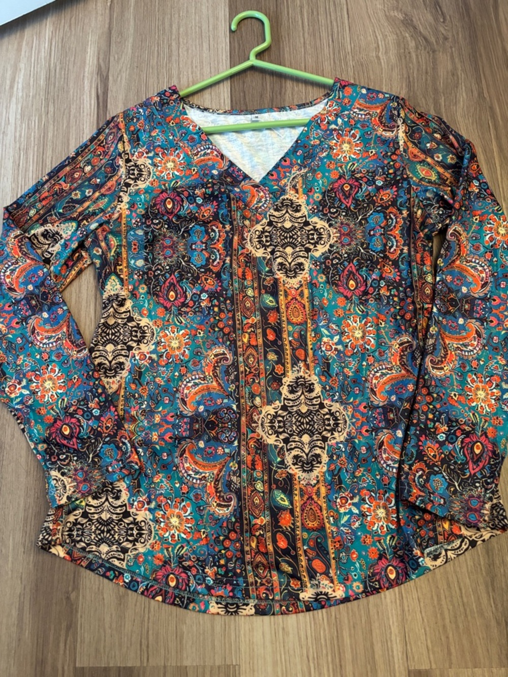 Teal Paisley-Print Long Sleeve V-Neck Top